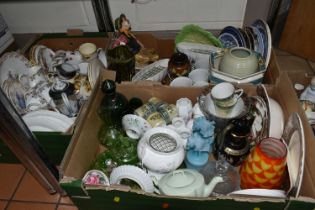 FOUR BOXES OF CERAMICS AND GLASS WARE, to include a Vallauris vase, a pair of Wade twin handled
