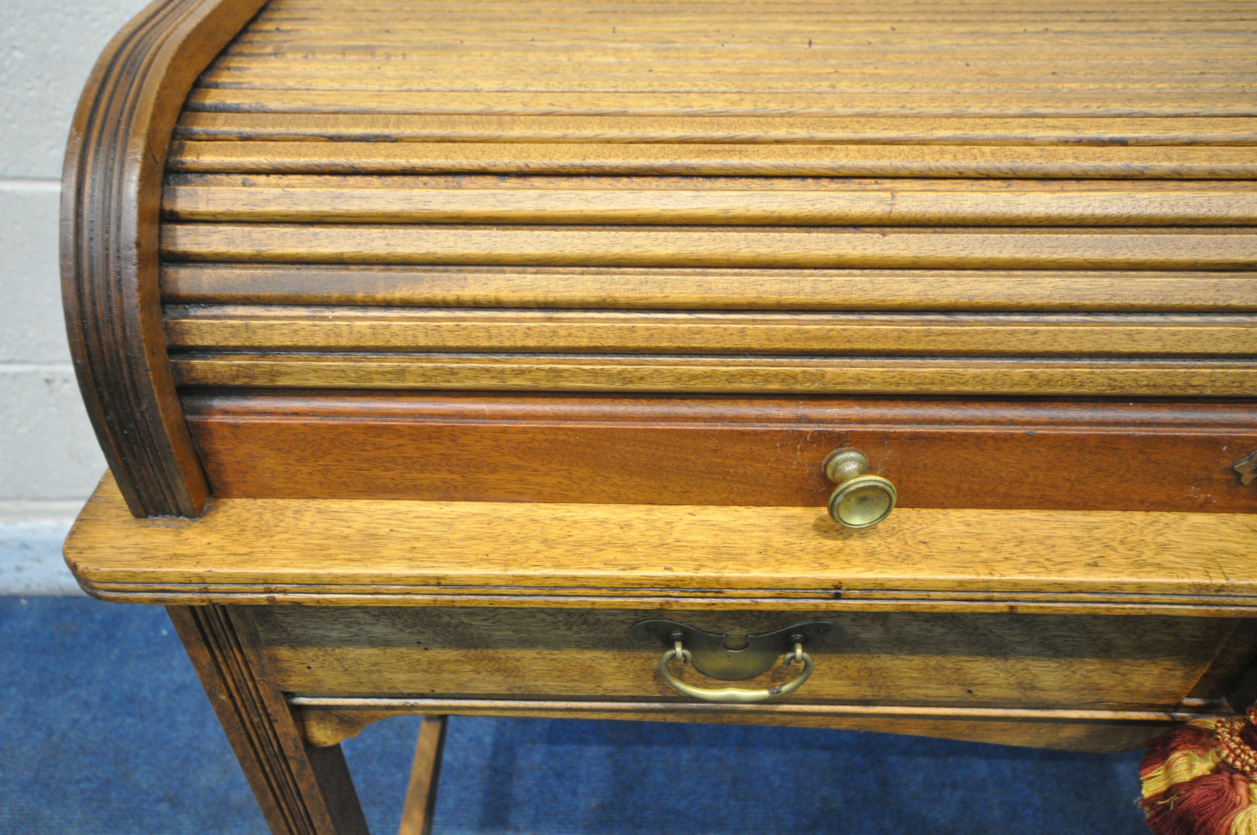 ANGUS OF LONDON, AN EARLY 20TH CENTURY WALNUT ROLL TOP DESK, with a raised shelf, the tambour door - Image 5 of 7