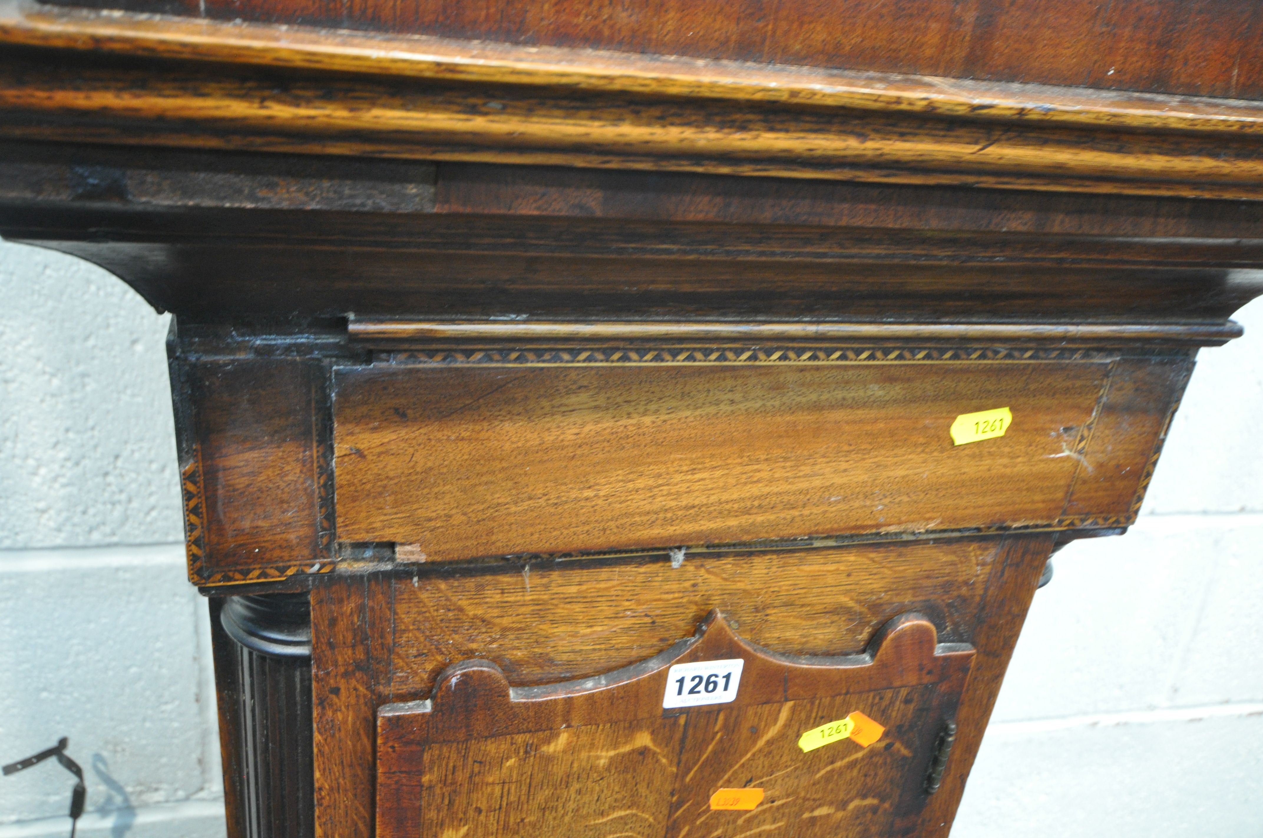 A GEORGIAN OAK EIGHT DAY LONGCASE CLOCK, with swan neck pediment above an arched glazed door, that's - Image 6 of 8