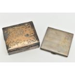 A SILVER CIGARETTE CASE AND BOX, the square form cigarette case with engine turned pattern and