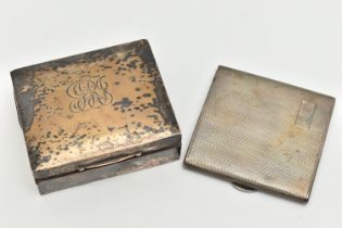A SILVER CIGARETTE CASE AND BOX, the square form cigarette case with engine turned pattern and