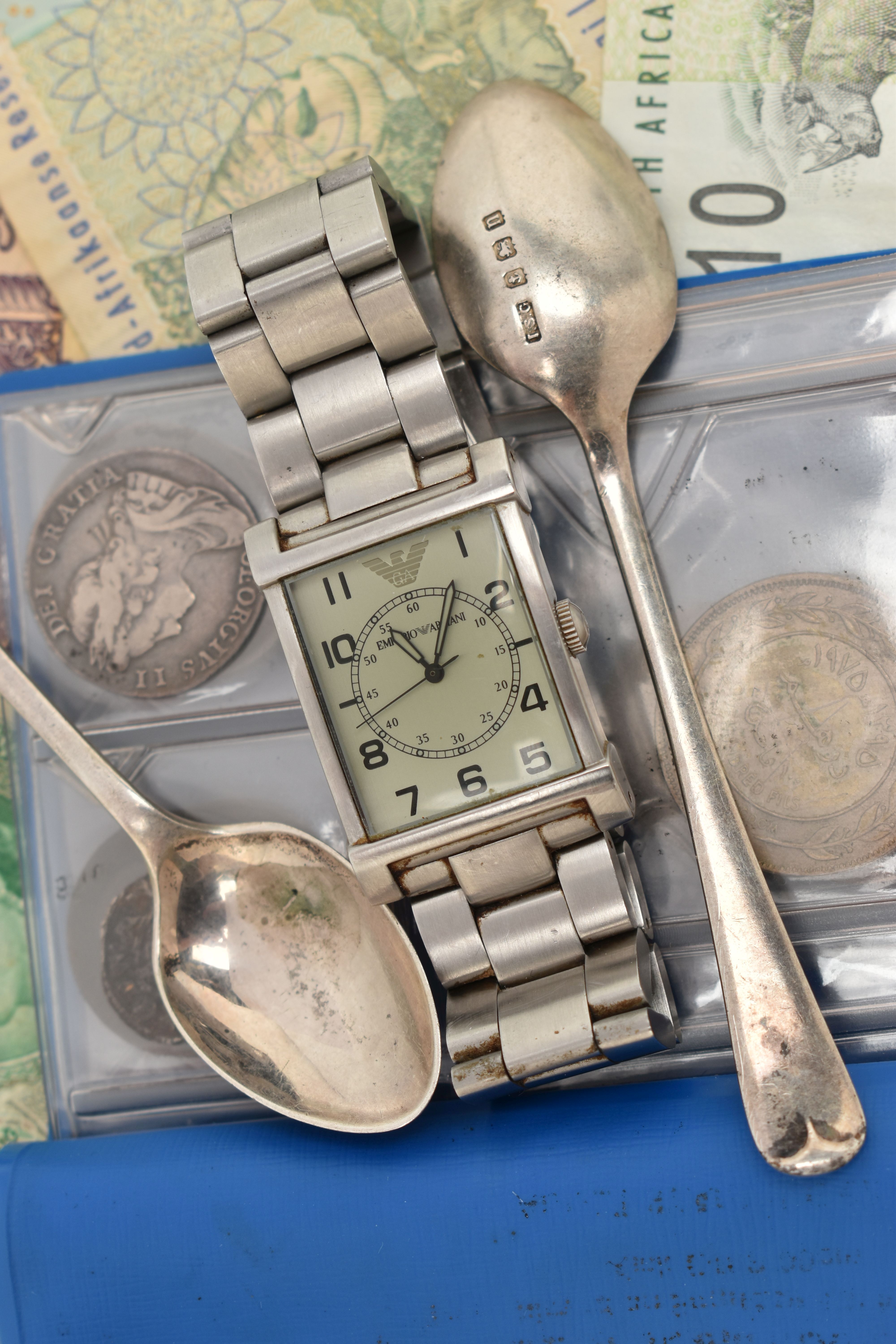 A GENTS WRISTWATCH, TWO SILVER SPOONS WITH COINS AND BANKNOTES, to include an 'Emporio Armani' - Image 4 of 8