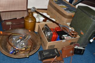 THREE BOXES AND LOOSE CERAMICS, METAL WARE AND SUNDRY ITEMS, to include a stoneware flagon marked '