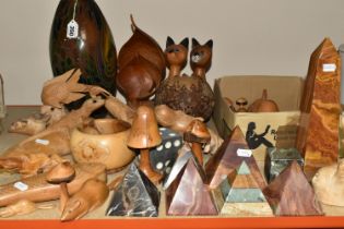 A COLLECTION OF TREEN AND STONE ORNAMENTS, comprising six onyx pyramids, stone cube, and an onyx
