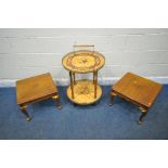 AN ITALIAN CIRCULAR TWO TIER TEA TABLE, each tier with brass gallery, top tier with a single handle,