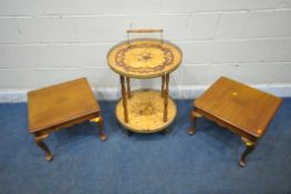 AN ITALIAN CIRCULAR TWO TIER TEA TABLE, each tier with brass gallery, top tier with a single handle,