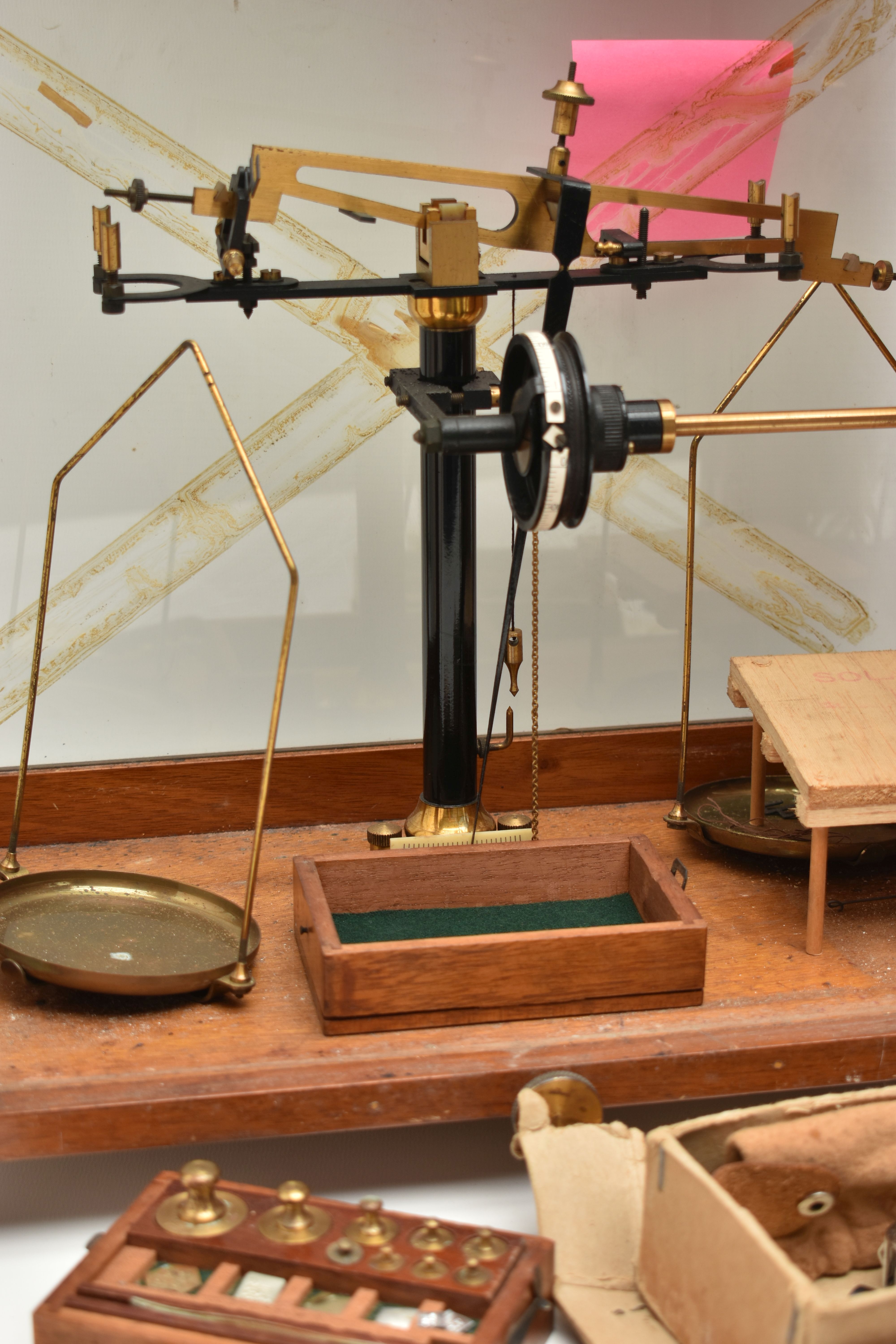 AN EARLY 20TH CENTURY BRASS 'KIMA,' PETROLOGICAL MICROSCOPE, A SET OF BRASS SCALES AND - Image 3 of 7