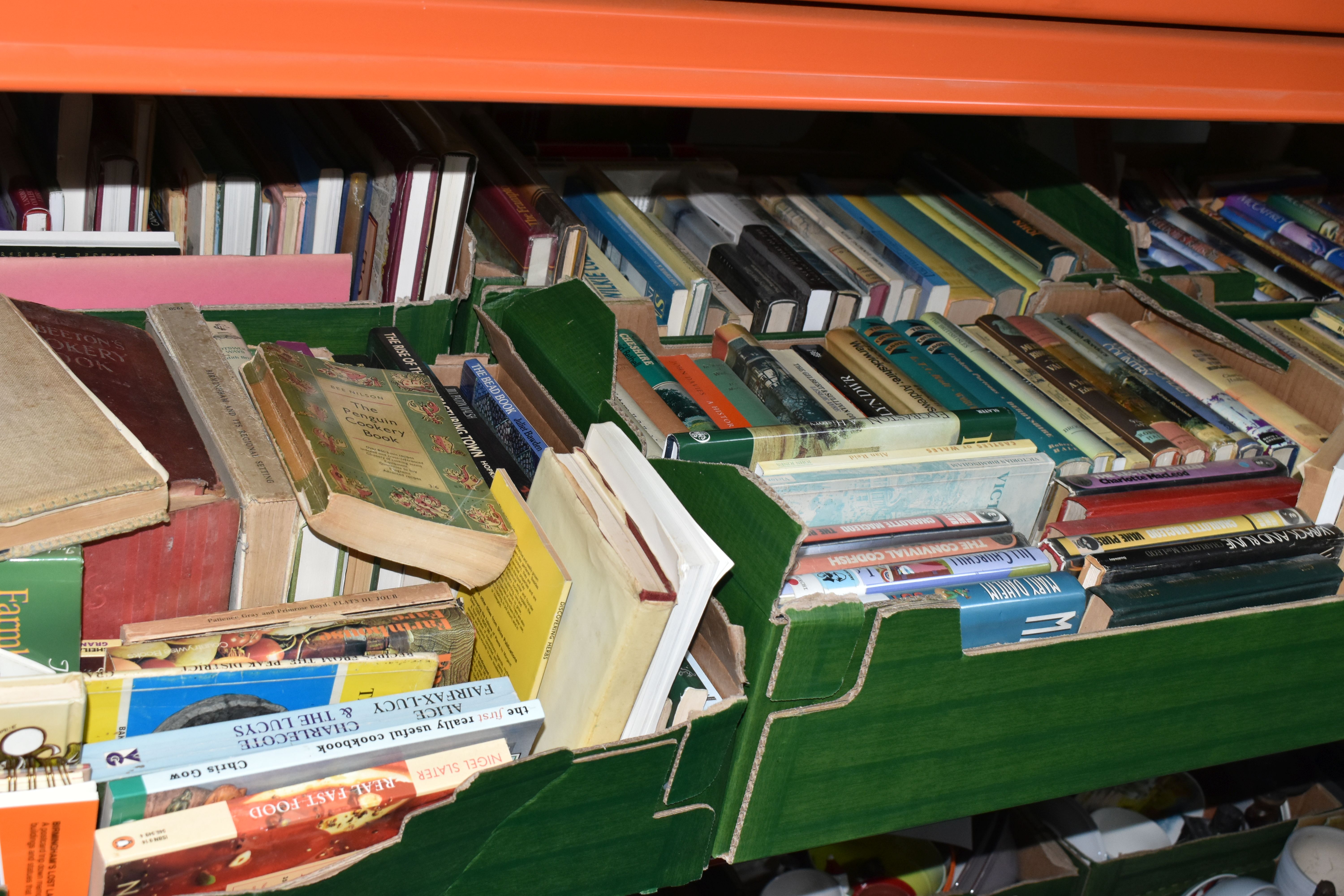 SIX BOXES OF BOOKS, approximately one hundred and twenty books, topics include local history, recipe