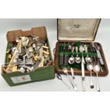 A BOX OF ASSORTED CUTLERY, a large selection of assorted cutlery together with a wooden canteen