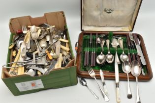 A BOX OF ASSORTED CUTLERY, a large selection of assorted cutlery together with a wooden canteen