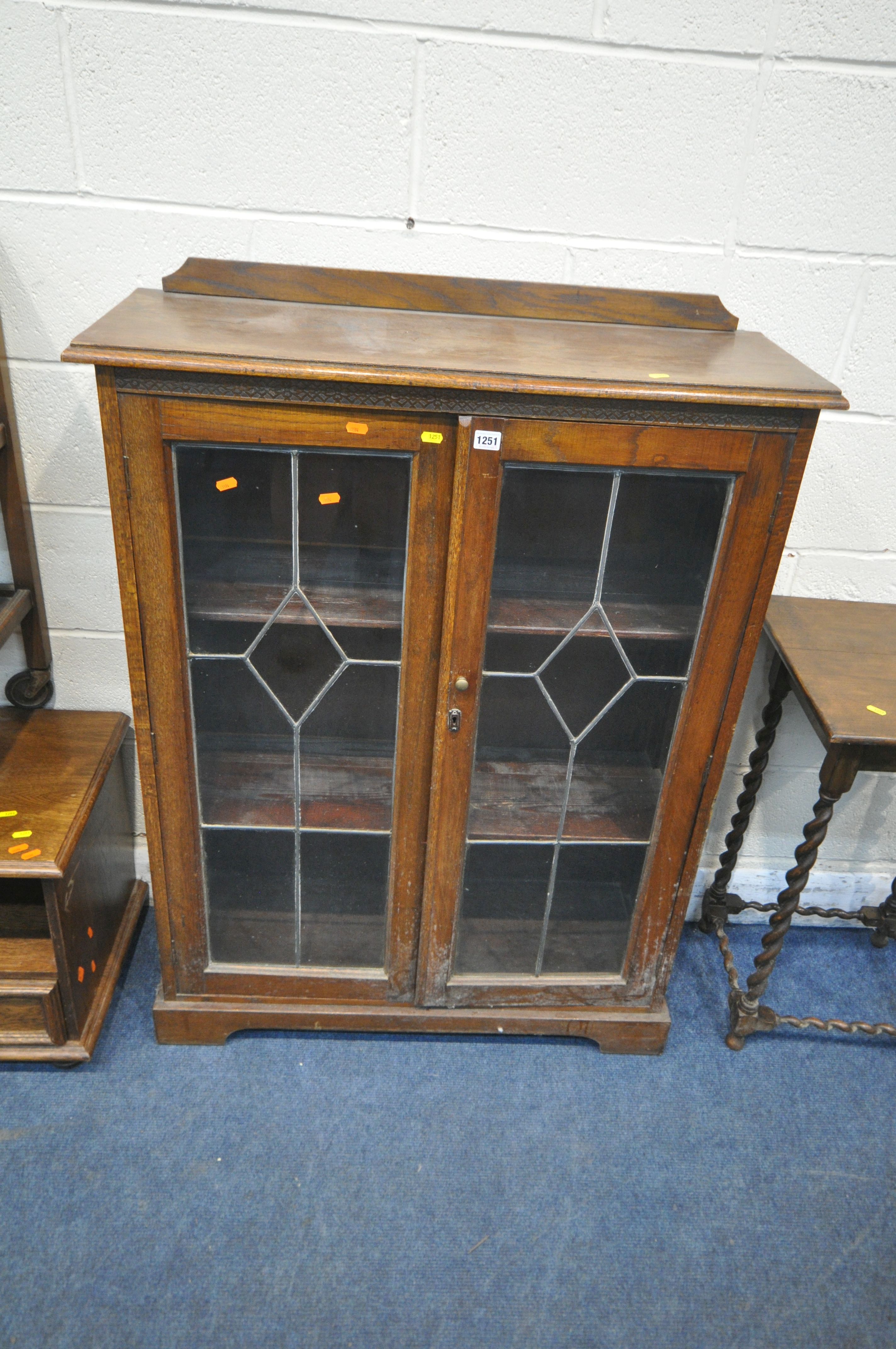 A SELECTION OF 20TH CENTURY OAK FURNITURE, to include a double door lead glazed bookcase, width 92cm - Image 2 of 5