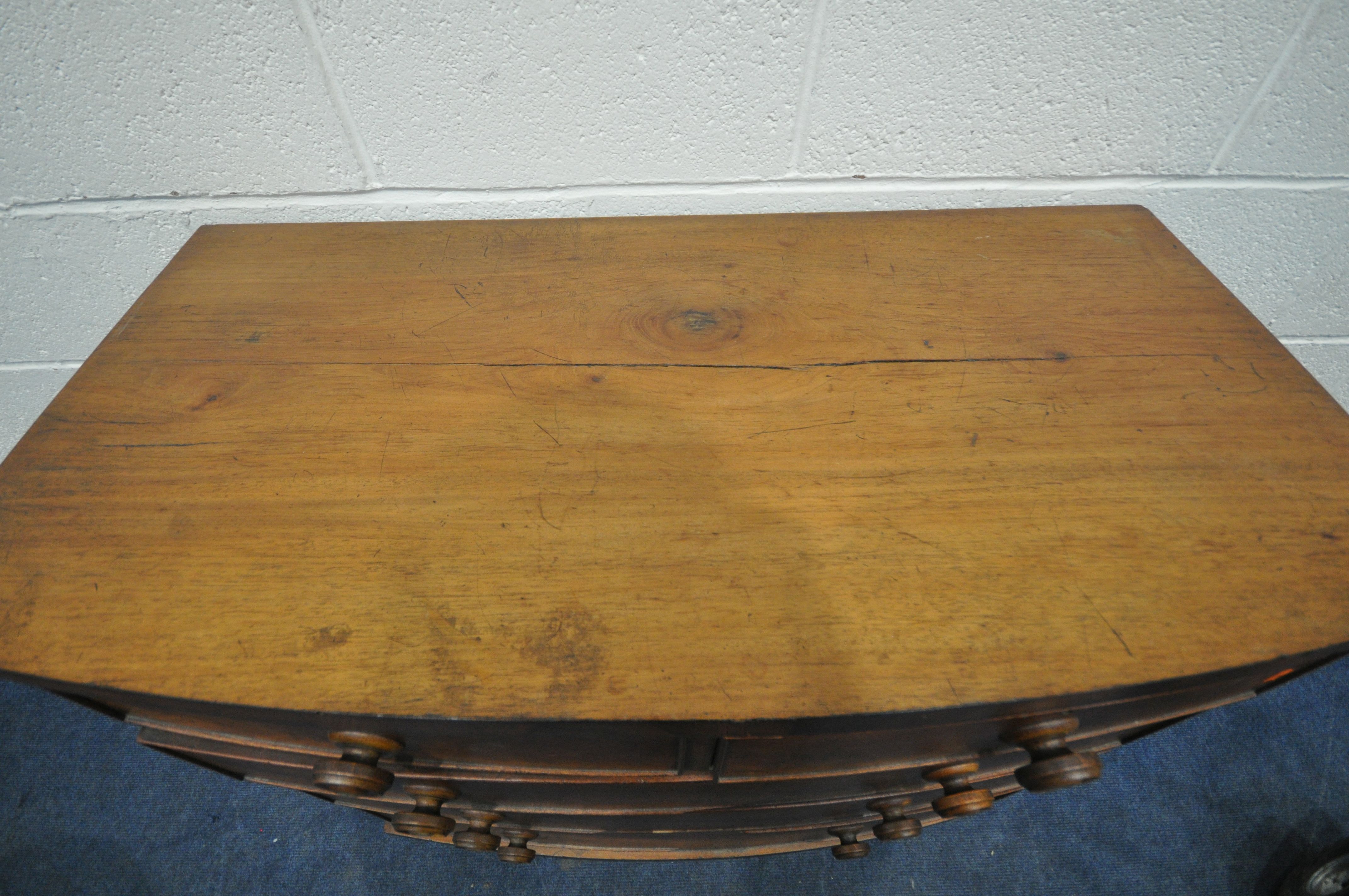 A 19TH CENTURY MAHOGANY BOW FRONT CHEST OF TWO SHORT OVER THREE LONG DRAWERS, raised on turned feet, - Image 2 of 5