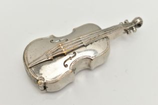 A SILVER PLATED NOVELTY VESTA CASE IN THE FORM OF A VIOLIN, access to the interior through hinged
