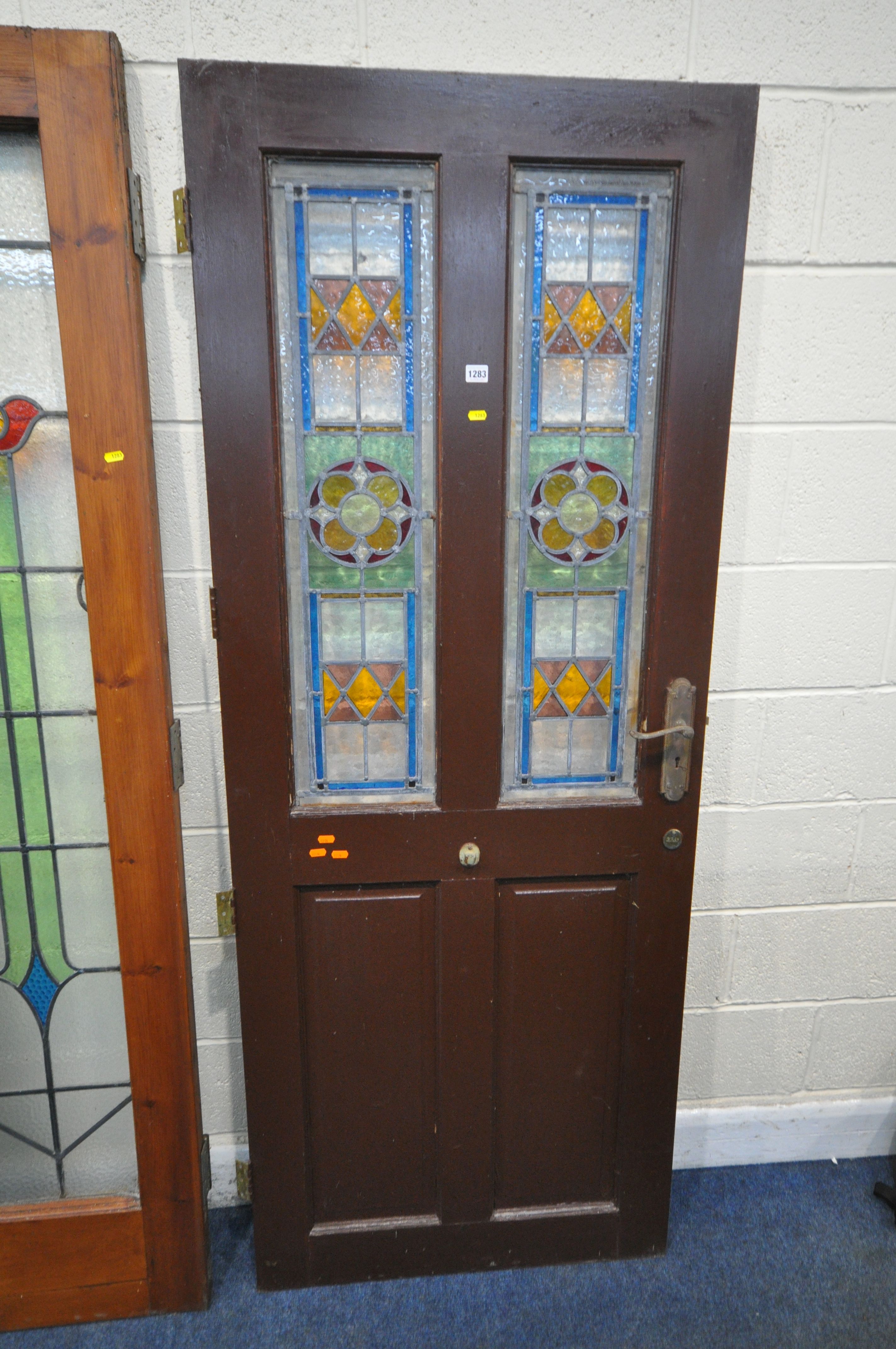 FOUR SIZED INTERNAL DOORS, each with lead glazed stain glass windows, depicting various patterns and - Image 5 of 10