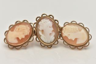A PAIR OF SHELL CAMEO EARRINGS AND SHELL CAMEO RING, each designed as a shell cameo carved to depict