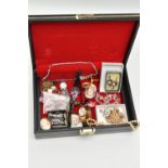 A JEWELLERY BOX AND COSTUME JEWELLERY, a black rectangular form jewellery box with hinged lid,