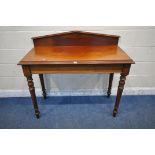 A 19TH CENTURY WALNUT SIDE TABLE, with a raised back, raised on turned legs, width 121cm x depth