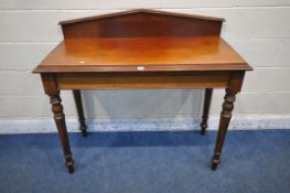 A 19TH CENTURY WALNUT SIDE TABLE, with a raised back, raised on turned legs, width 121cm x depth