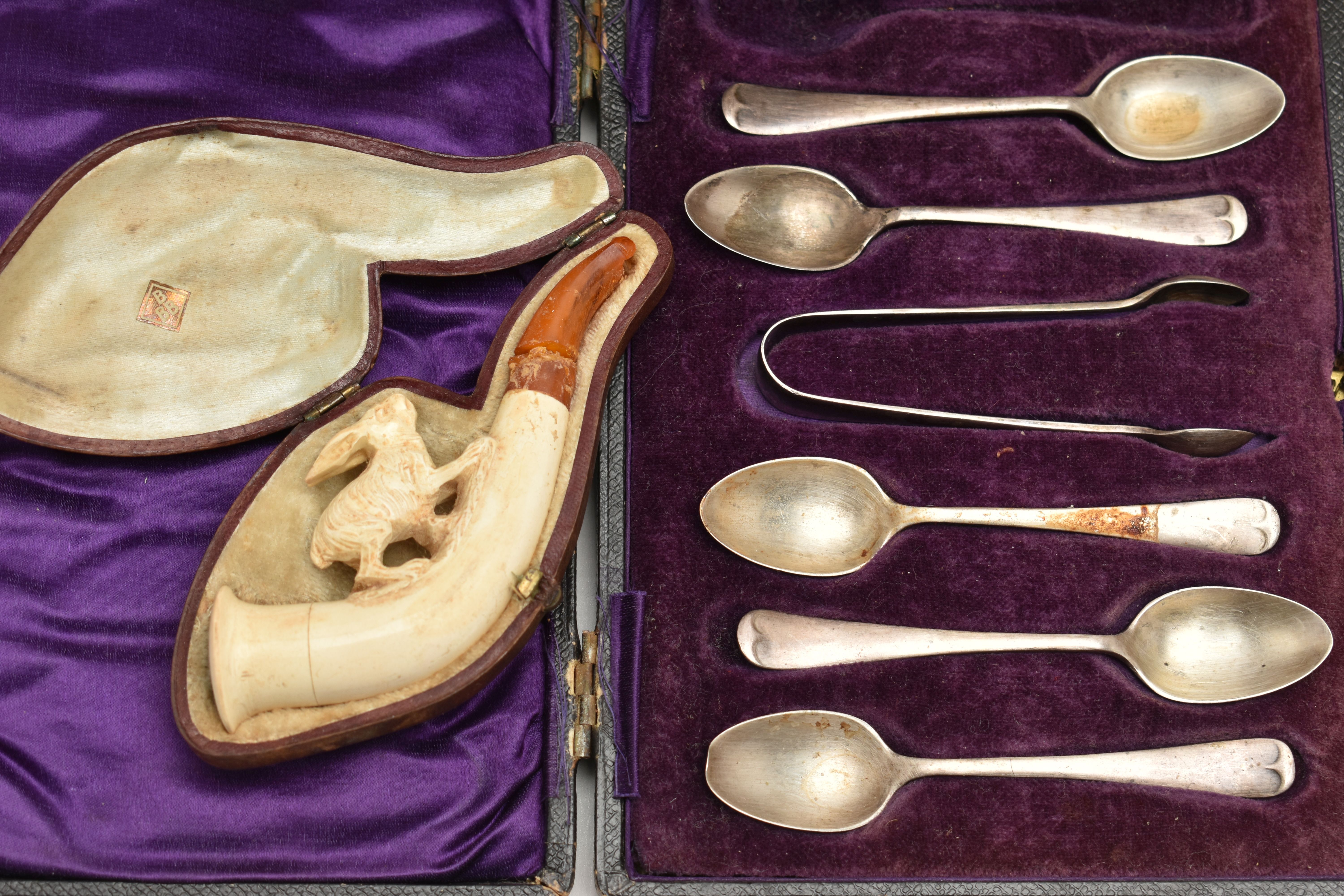 A BOX OF ASSORTED ITEMS, to include an AF meerschaum pipe and case, a silver pommel walking stick, - Image 3 of 10