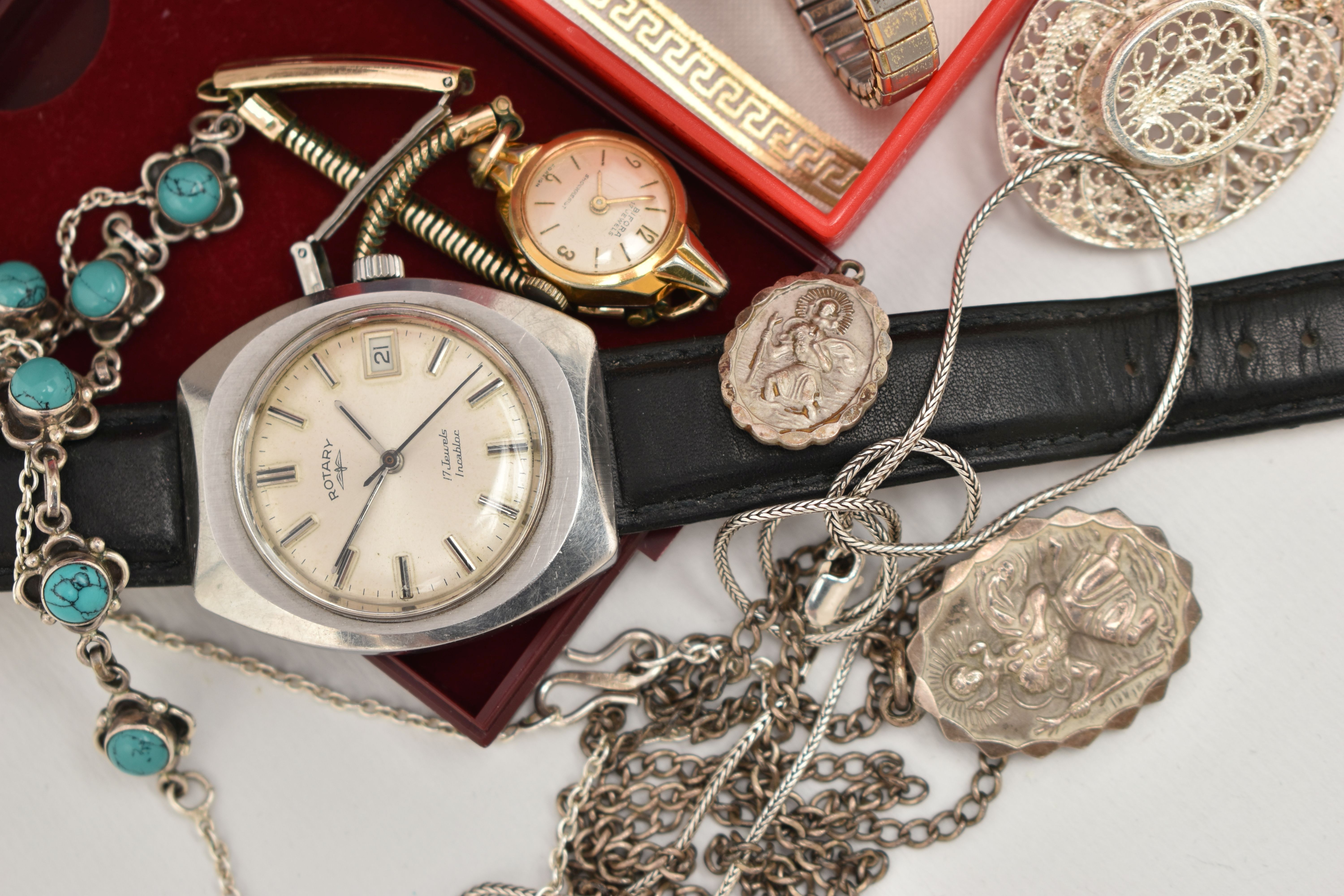 AN ASSORTMENT OF WATCHES AND WHITE METAL JEWELLERY, to include a gents Rotary wristwatch, two ladies - Image 3 of 3