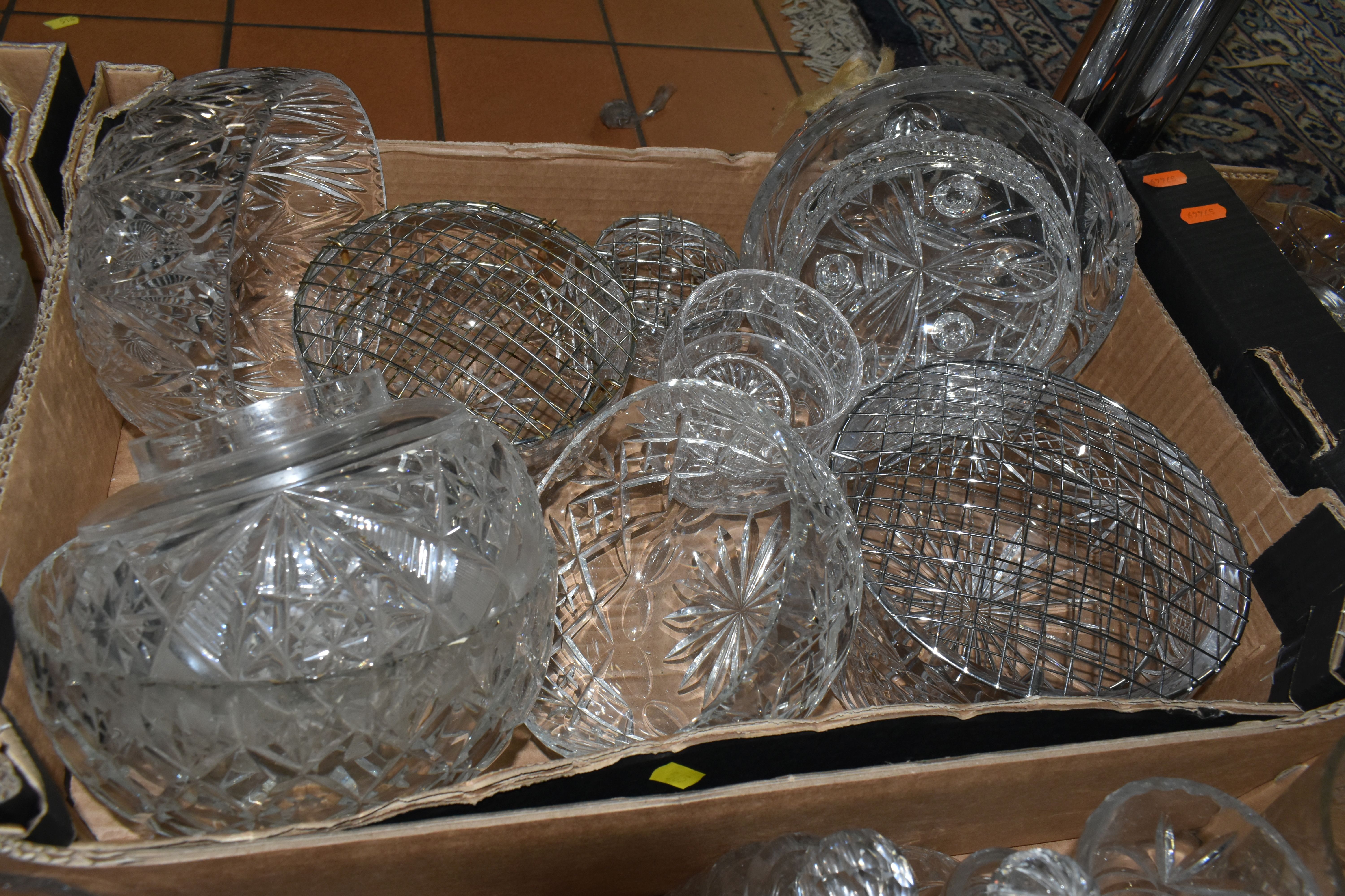 FOUR BOXES OF GLASSWARE, to include oil and vinegar decanters, vases, fruit bowls, light shade, - Image 5 of 5