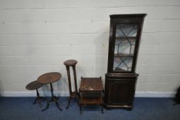 A SELECTION OF 20TH CENTURY MAHOGANY OCCASIONAL FURNITURE, to include two tripod tables, a plant