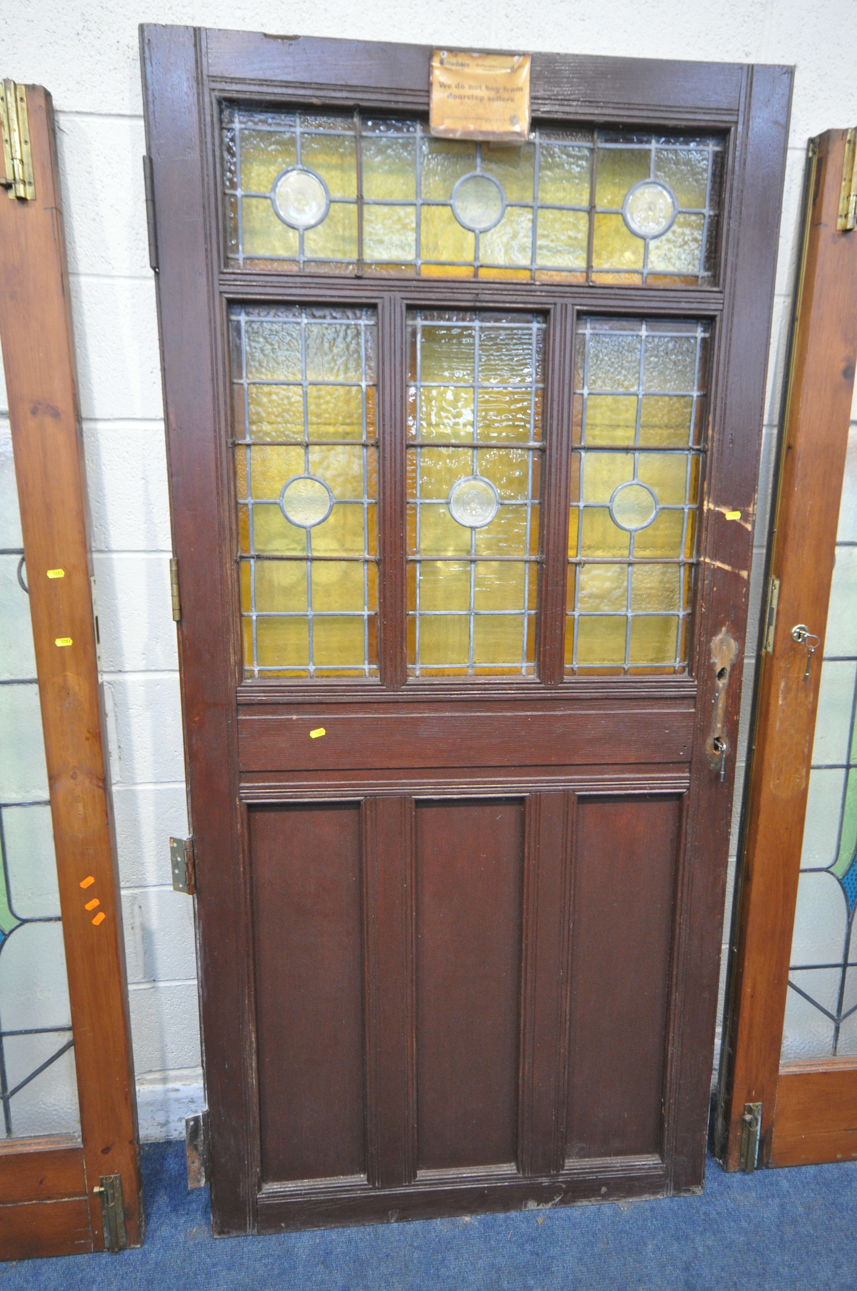 FOUR SIZED INTERNAL DOORS, each with lead glazed stain glass windows, depicting various patterns and - Image 2 of 10