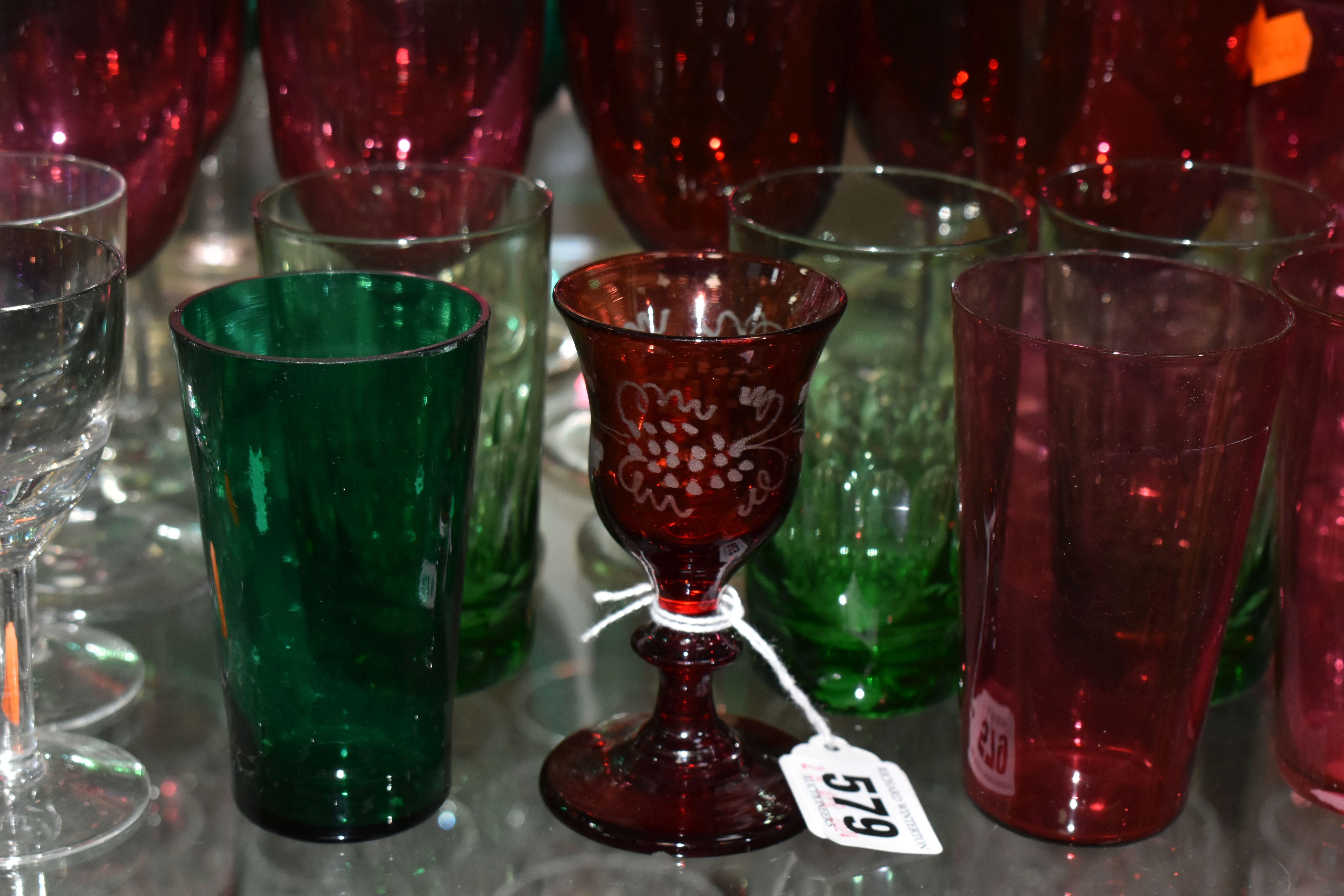 A COLLECTION OF COLOURED DRINKING GLASSES, to include a single ruby etched glass with rough pontil - Image 2 of 9