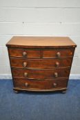 A 19TH CENTURY MAHOGANY BOW FRONT CHEST OF TWO SHORT OVER THREE LONG DRAWERS, raised on turned feet,