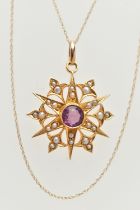 A YELLOW METAL AMETHYST AND SPLIT PEARL PENDANT NECKLACE, star shape pendant, set with a central
