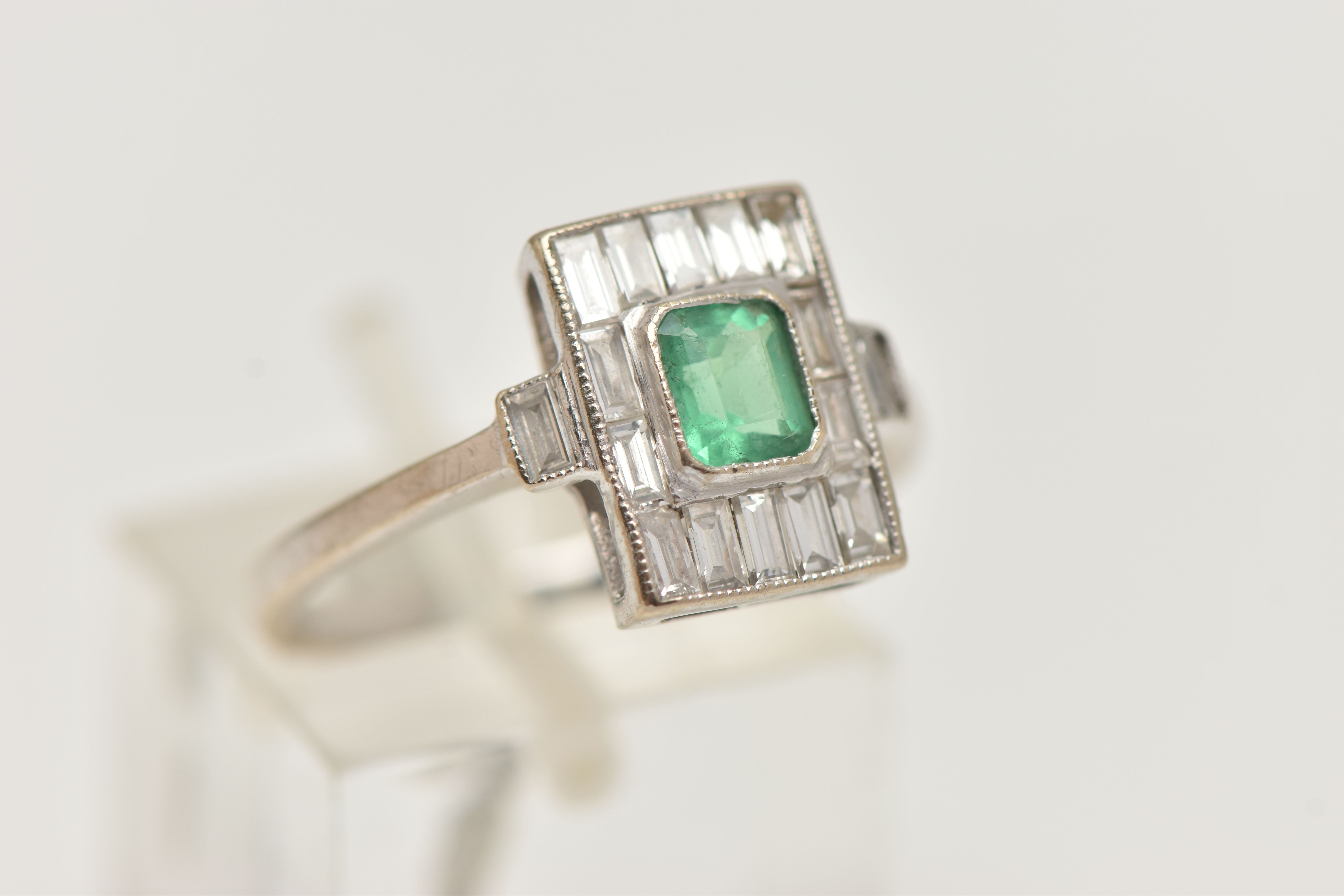 A WHITE METAL EMERALD AND DIAMOND RING, Art Deco style, the centre set with an emerald cut emerald - Image 4 of 4