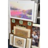 A SMALL NUMBER OF PICTURES, PRINTS AND A MIRROR ETC, comprising a rustic pine framed mirror inset