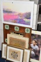 A SMALL NUMBER OF PICTURES, PRINTS AND A MIRROR ETC, comprising a rustic pine framed mirror inset