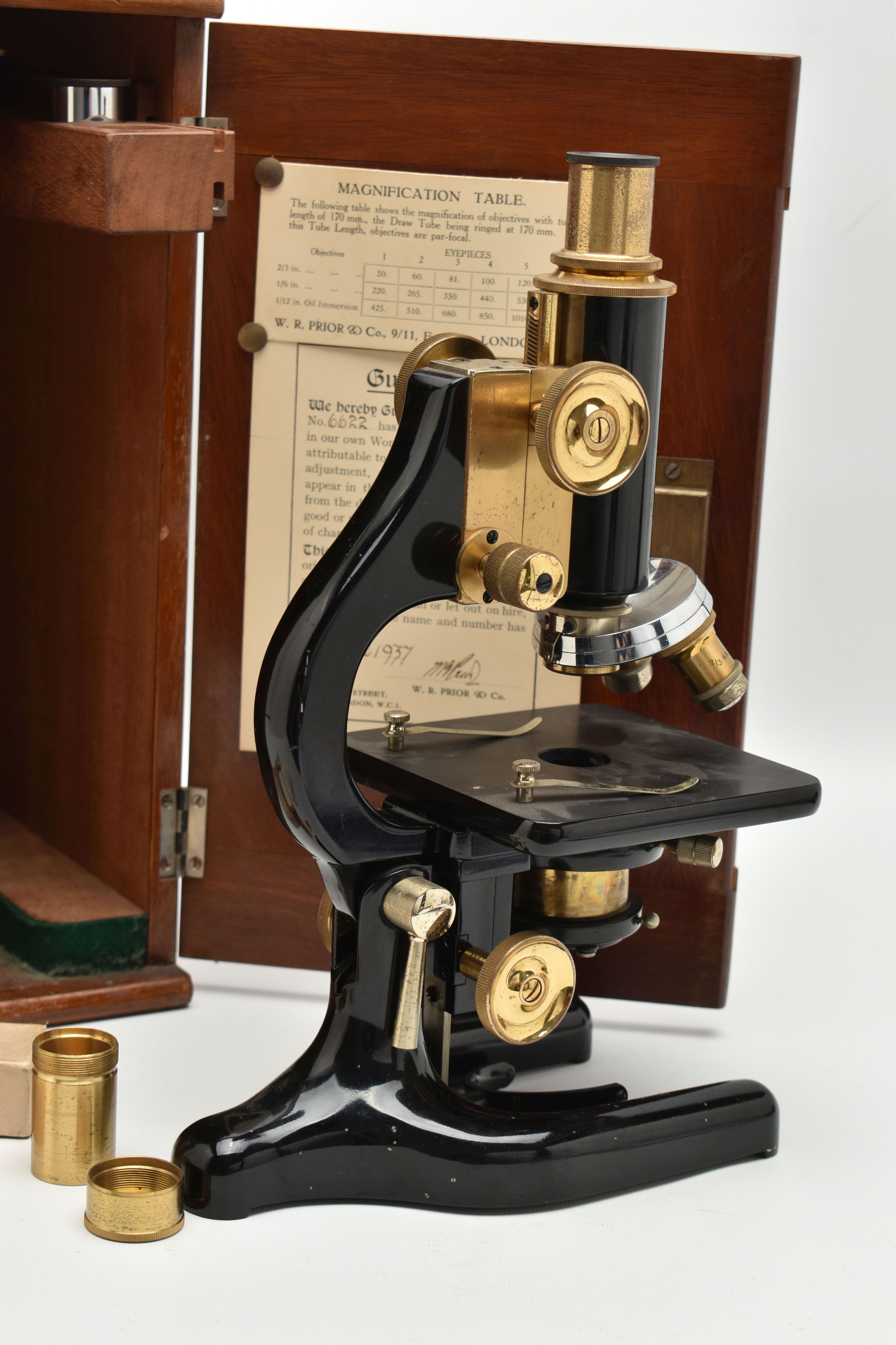 A CASED W.R. PRIOR & CO OF LONDON MONOCULAR MICROSCOPE, no.6622, the fitted case with guarantee - Image 6 of 7