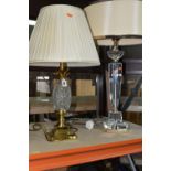 TWO TABLE LAMPS, one with glass and brass effect base in the form of a pineapple, height to top of