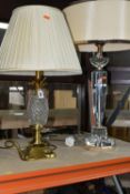 TWO TABLE LAMPS, one with glass and brass effect base in the form of a pineapple, height to top of