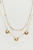 A YELLOW METAL CONVERSION PENDANT NECKLACE AND A CULTURED PEARL NECKLACE, three yellow metal