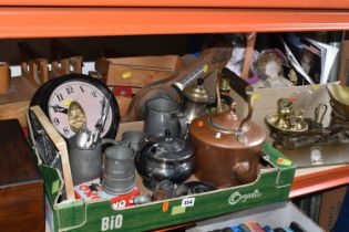 TWO BOXES OF MISCELLANEOUS SUNDRIES, to include two vintage balance scales with brass weights,