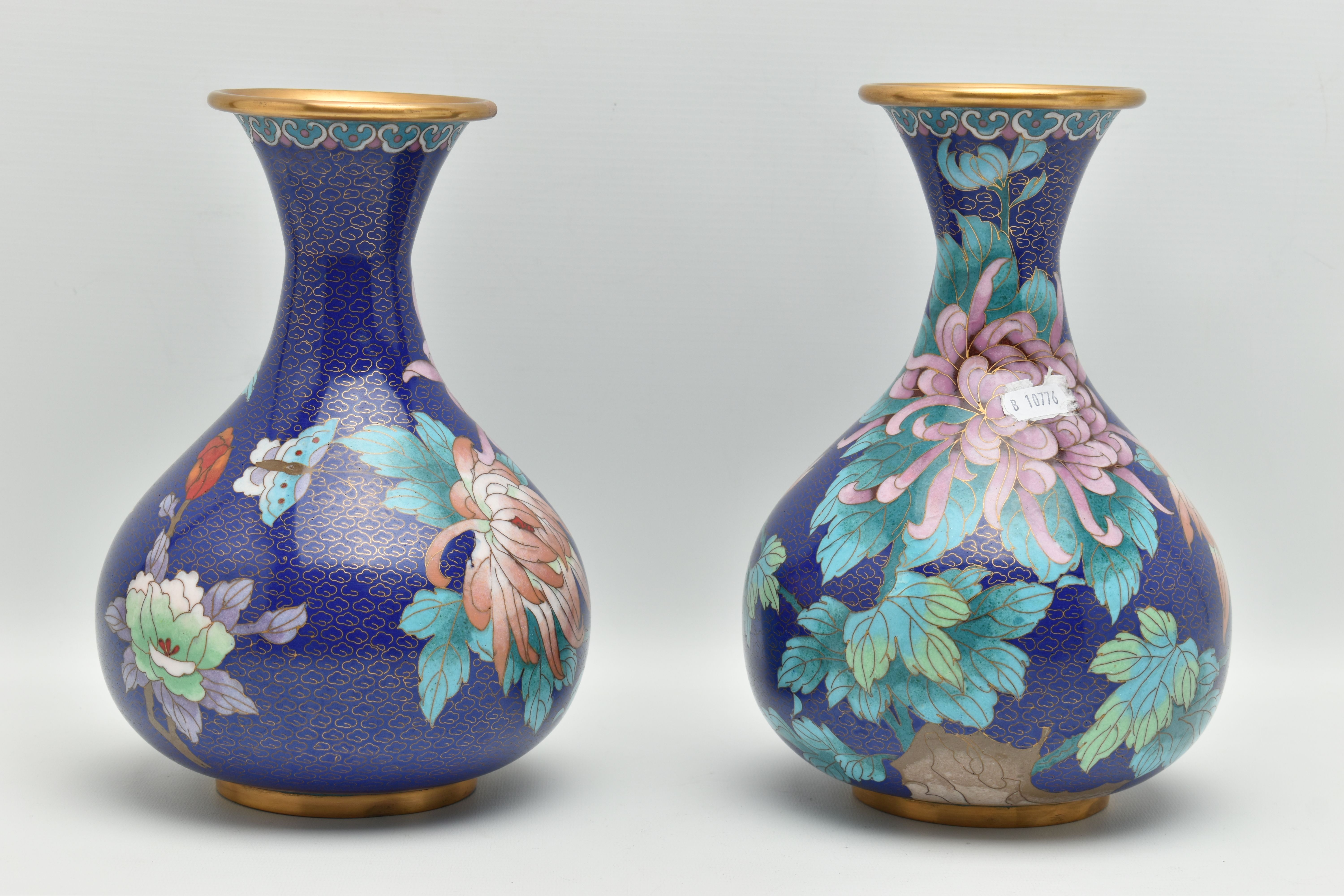 A PAIR OF MODERN CHINESE CLOISONNE VASES OF BALUSTER FORM, the blue ground with flowers, foliage and - Image 2 of 5