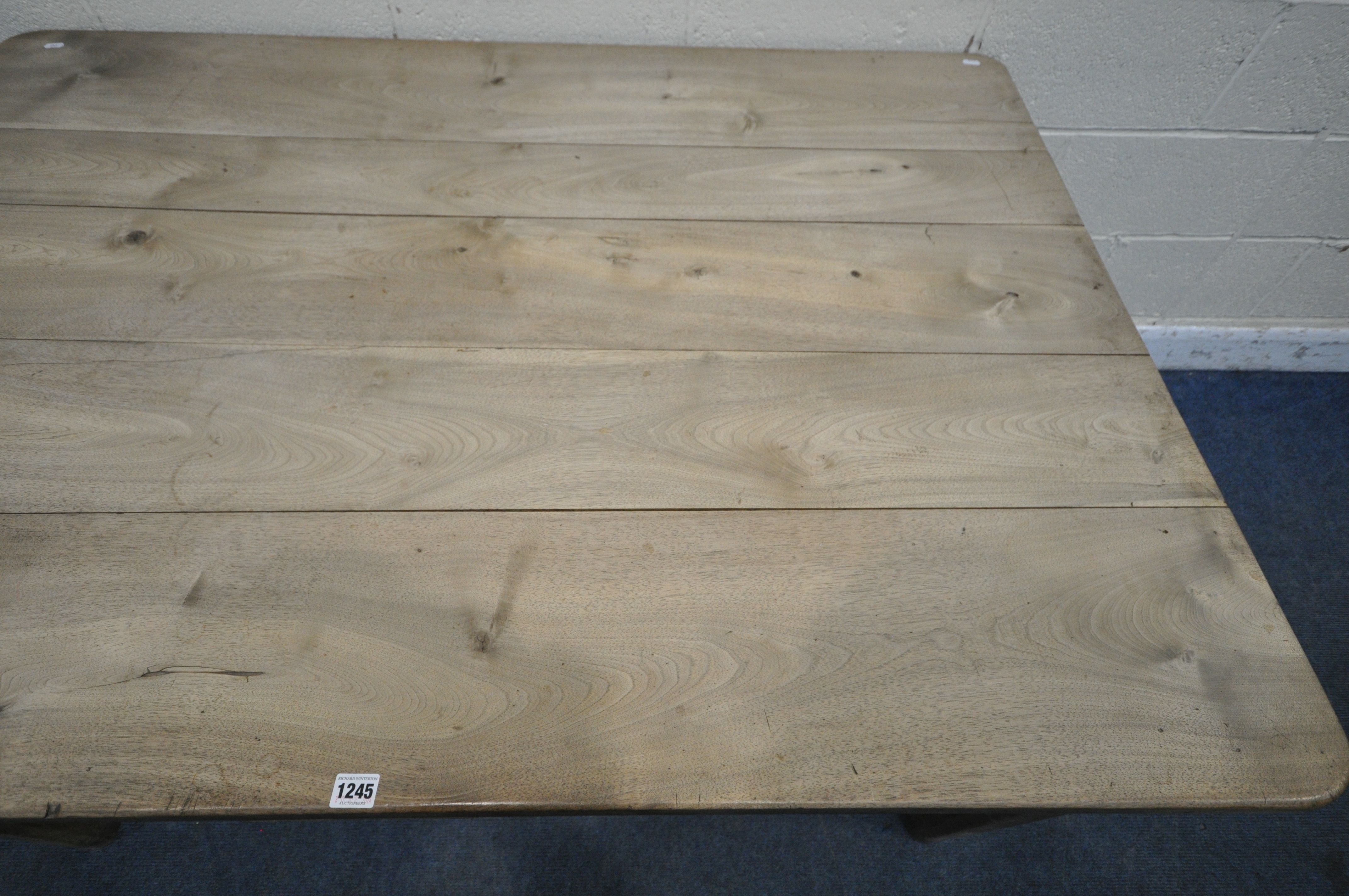 A 19TH CENTURY SYCAMORE RECTANGULAR PLANK TOP FARMHOUSE TABLE, with frieze drawer to each end, - Image 3 of 7