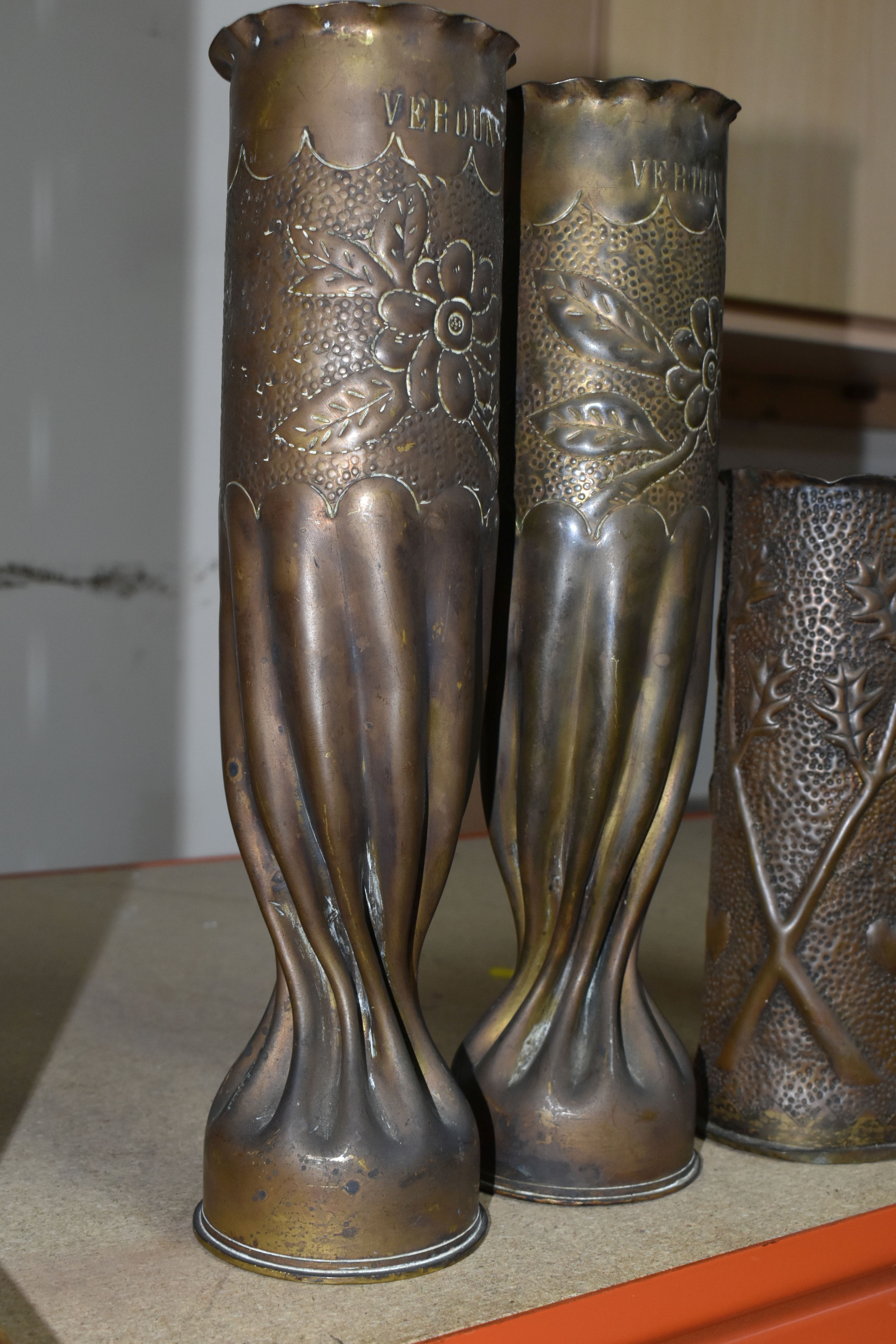 TWO PAIRS OF TRENCH ART VASES, one pair have been twisted at the base and decorated with a rose - Image 2 of 3