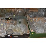 FOUR BOXES OF GLASSWARE, to include oil and vinegar decanters, vases, fruit bowls, light shade,
