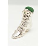 A REPRODUCTION SILVER BOOT PIN CUSHION IN THE FORM OF A VICTORIAN LADIES HEELED BOOT, stamped 925 to