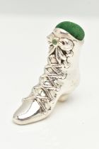 A REPRODUCTION SILVER BOOT PIN CUSHION IN THE FORM OF A VICTORIAN LADIES HEELED BOOT, stamped 925 to