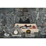 A GROUP OF CUT GLASS CLOCKS, CANDLE HOLDERS, INKSTAND AND BOXED INK SET, a Georgian novelty pipe,