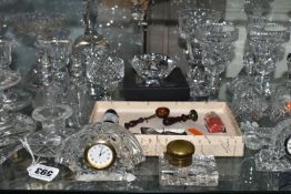 A GROUP OF CUT GLASS CLOCKS, CANDLE HOLDERS, INKSTAND AND BOXED INK SET, a Georgian novelty pipe,
