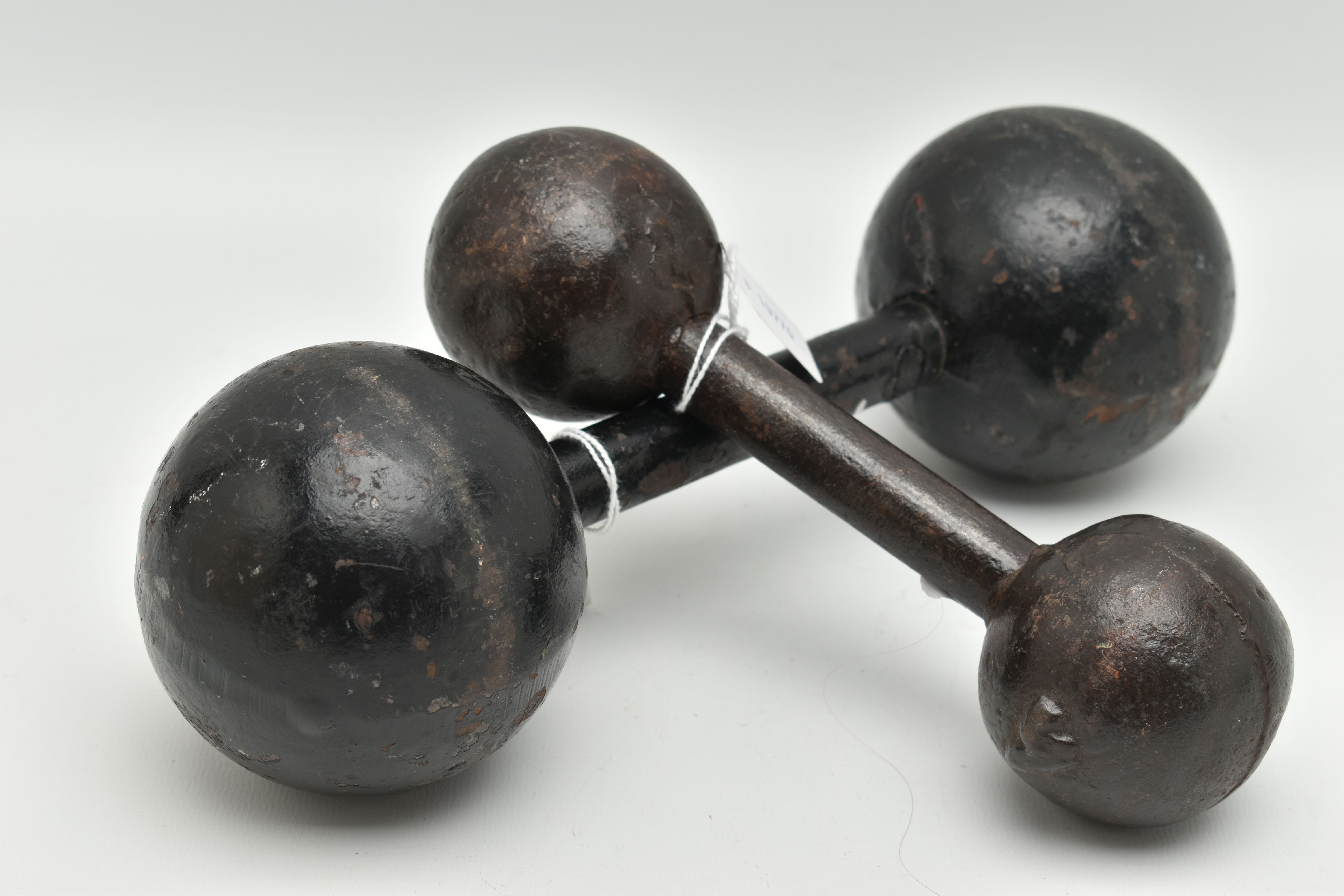 TWO VINTAGE CAST METAL DUMBELLS WITH SPHERICAL ENDS, the larger bears an impressed '6', the - Image 3 of 3
