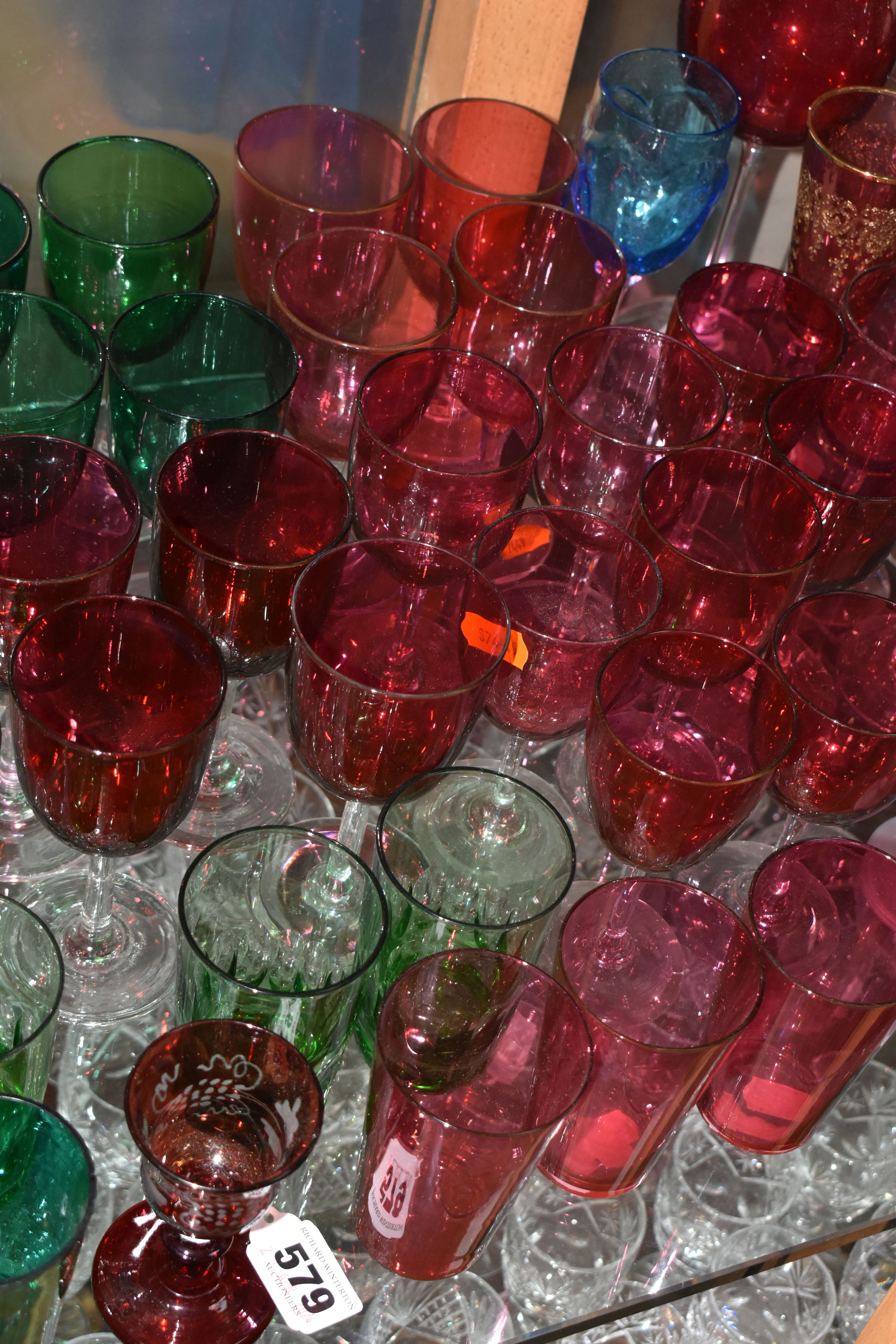 A COLLECTION OF COLOURED DRINKING GLASSES, to include a single ruby etched glass with rough pontil - Image 4 of 9