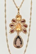 A 9CT GOLD GEM SET PENDANT NECKLACE, the large drop pendant set with a pear cut smoky quartz
