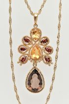 A 9CT GOLD GEM SET PENDANT NECKLACE, the large drop pendant set with a pear cut smoky quartz